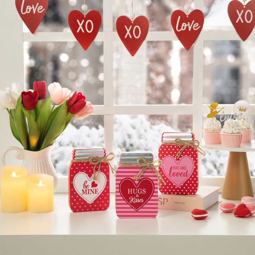 7"H Set of 3 Valentines Wooden Mason Jar Table Decor