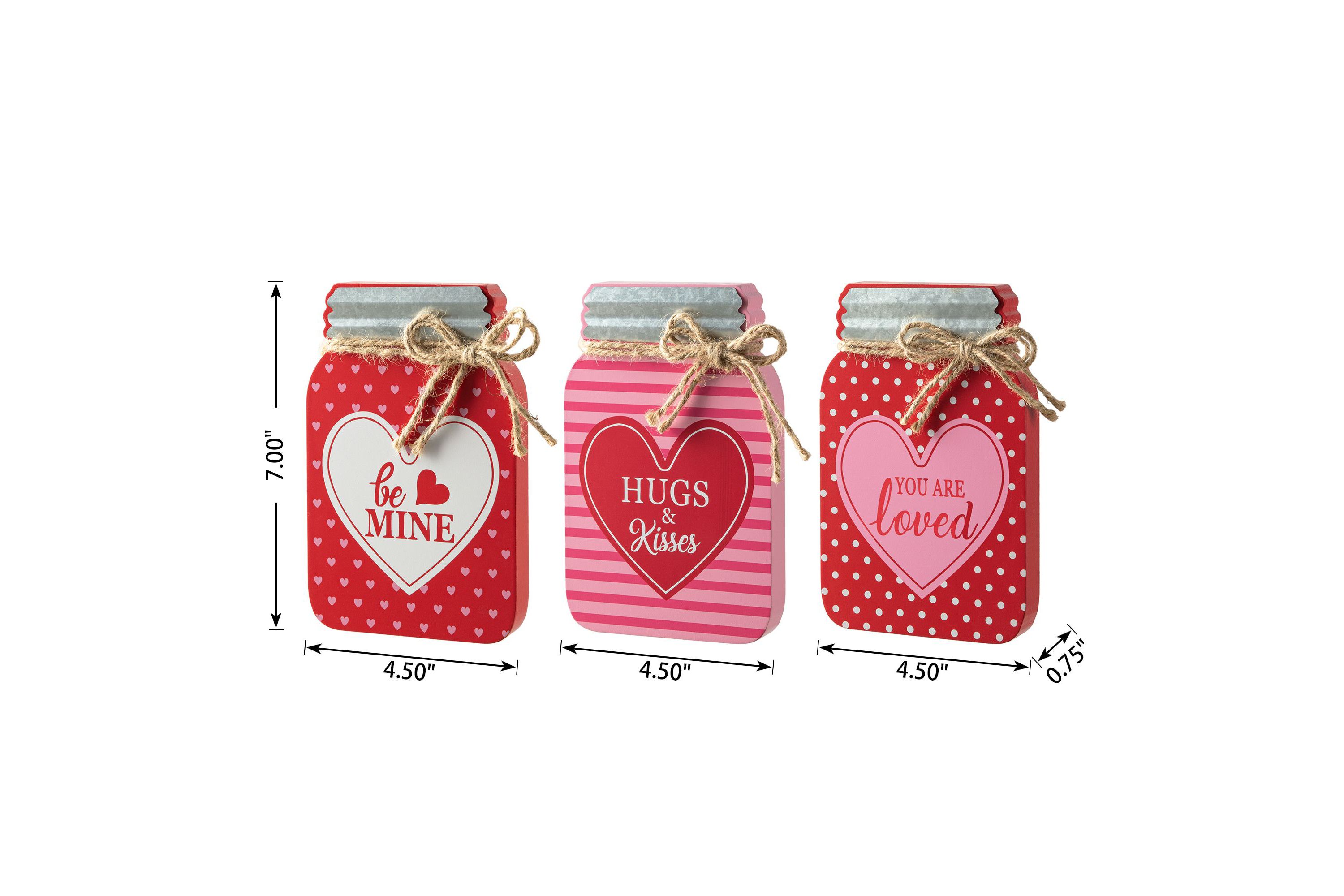 7"H Set of 3 Valentines Wooden Mason Jar Table Decor
