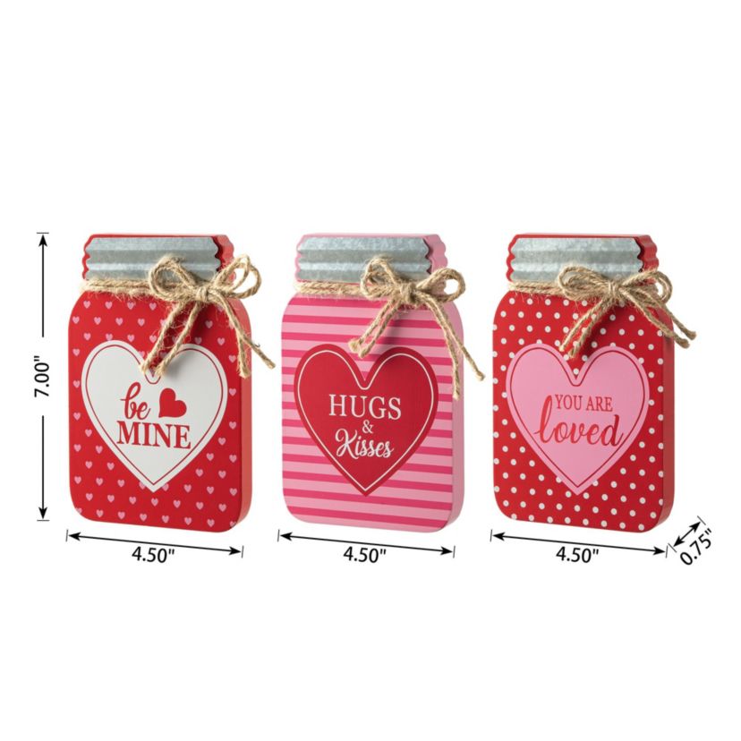 7"H Set of 3 Valentines Wooden Mason Jar Table Decor