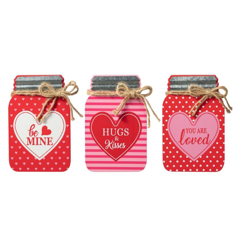 7"H Set of 3 Valentines Wooden Mason Jar Table Decor