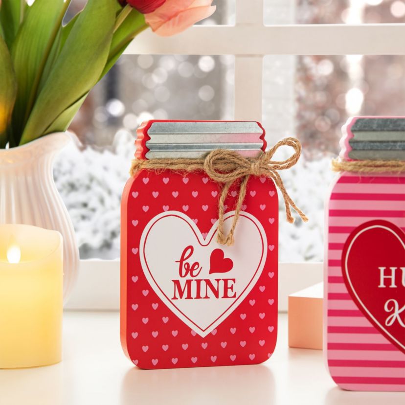7"H Set of 3 Valentines Wooden Mason Jar Table Decor
