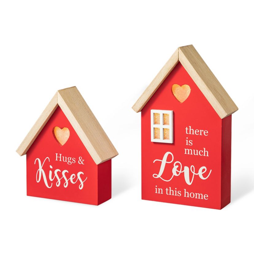 Set of 2 Lighted Valentine‘s Wooden House-shaped Table Decor