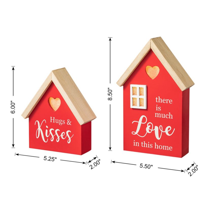 Set of 2 Lighted Valentine‘s Wooden House-shaped Table Decor