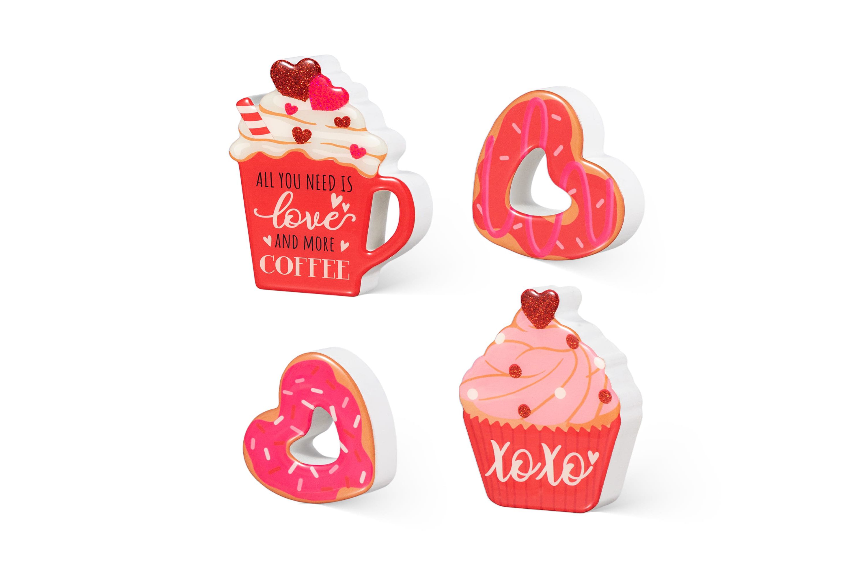 7"H Set of 4 Valentines Epoxy Wooden Cup Cakes and Heart Table Tiered Tray Set