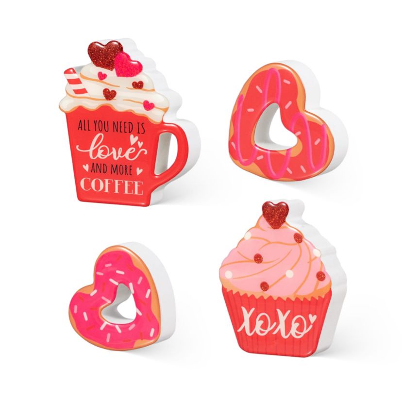 7"H Set of 4 Valentines Epoxy Wooden Cup Cakes and Heart Table Tiered Tray Set