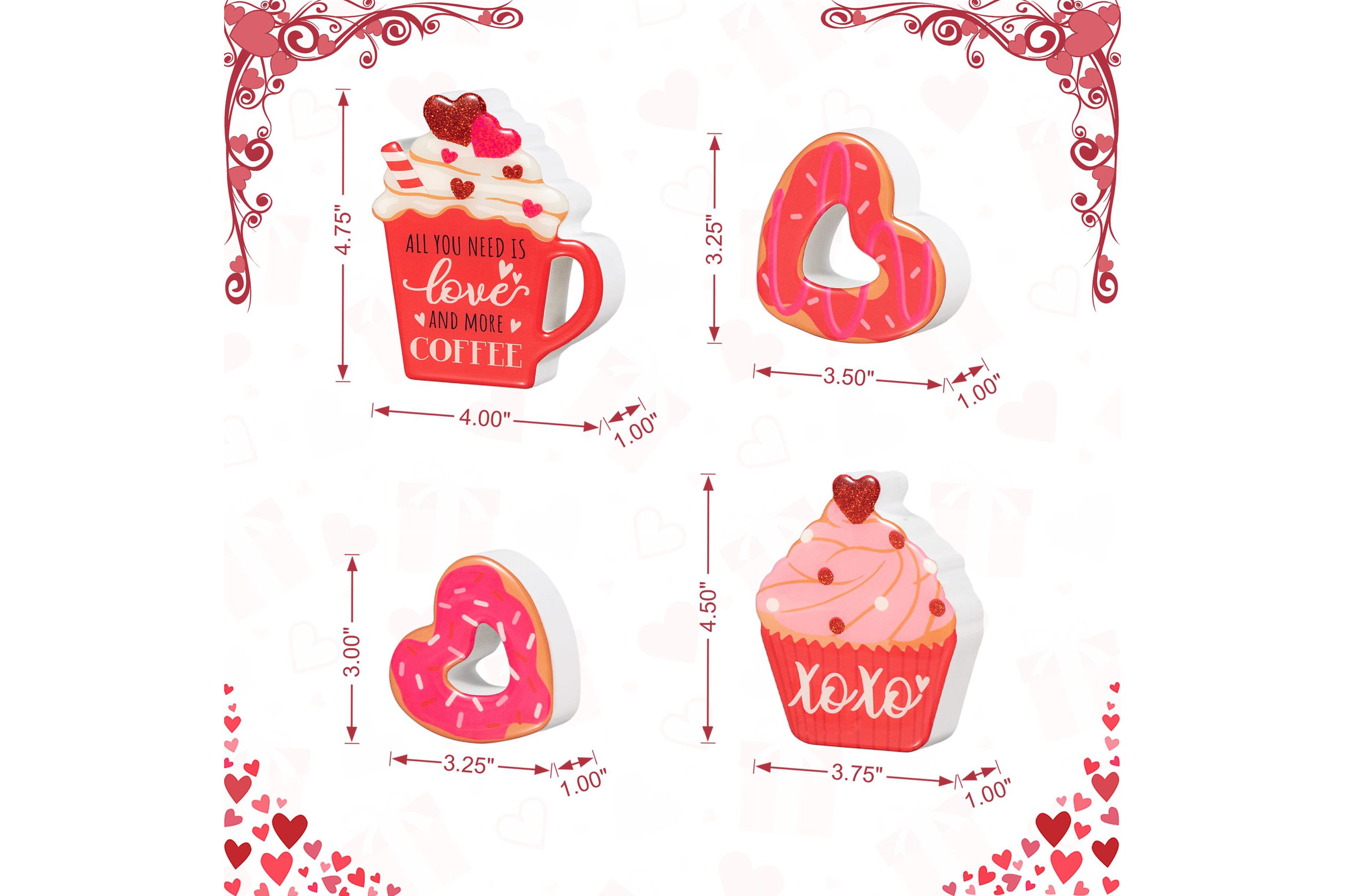 7"H Set of 4 Valentines Epoxy Wooden Cup Cakes and Heart Table Tiered Tray Set