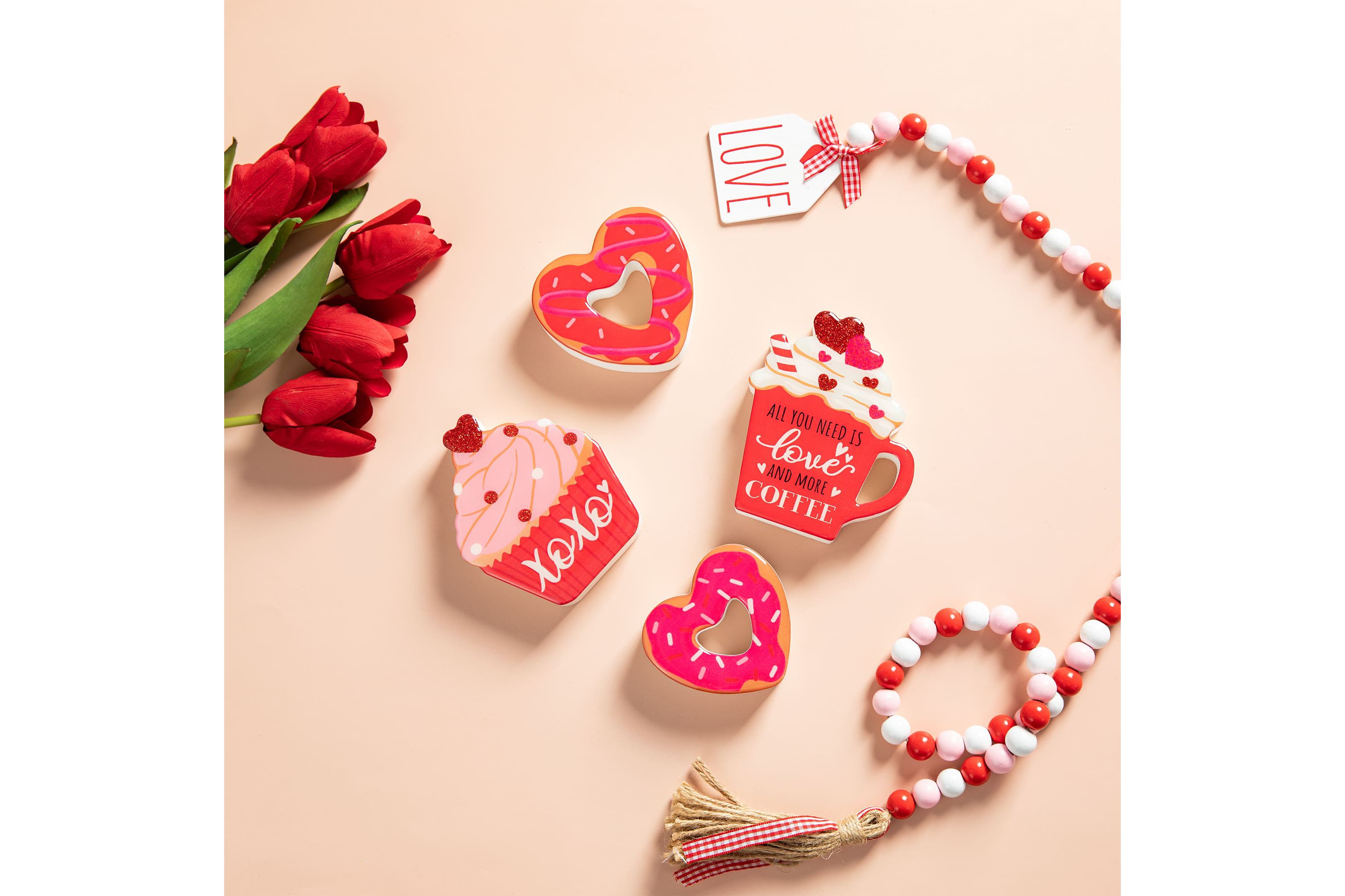7"H Set of 4 Valentines Epoxy Wooden Cup Cakes and Heart Table Tiered Tray Set