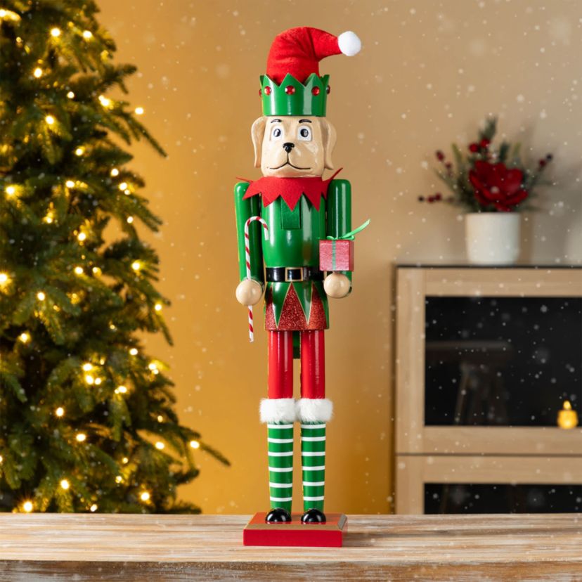 23.5"H Wooden Christmas Elf Dog Nutcracker