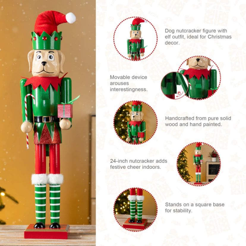 23.5"H Wooden Christmas Elf Dog Nutcracker