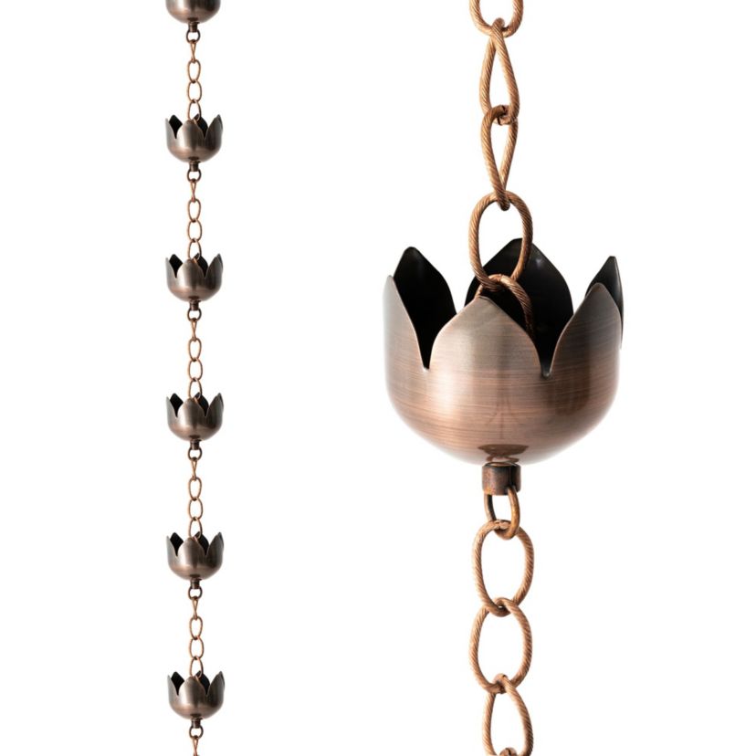 8.5ft Faux Copper Lotus Shaped Rain Chain with V-Shaped Gutter Clip