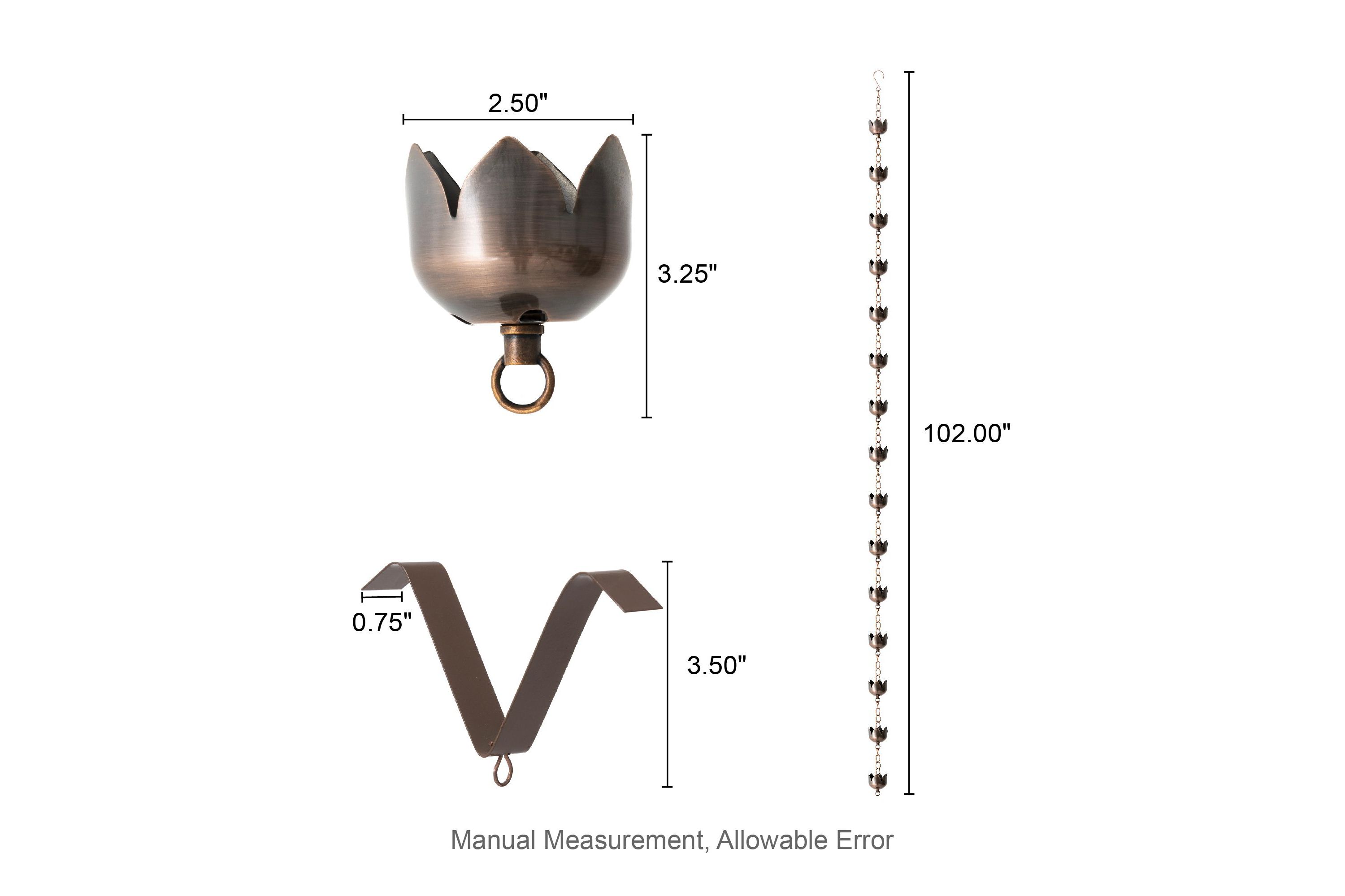 8.5ft Faux Copper Lotus Shaped Rain Chain with V-Shaped Gutter Clip