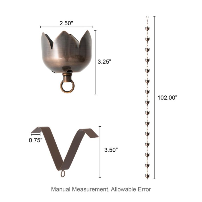 8.5ft Faux Copper Lotus Shaped Rain Chain with V-Shaped Gutter Clip