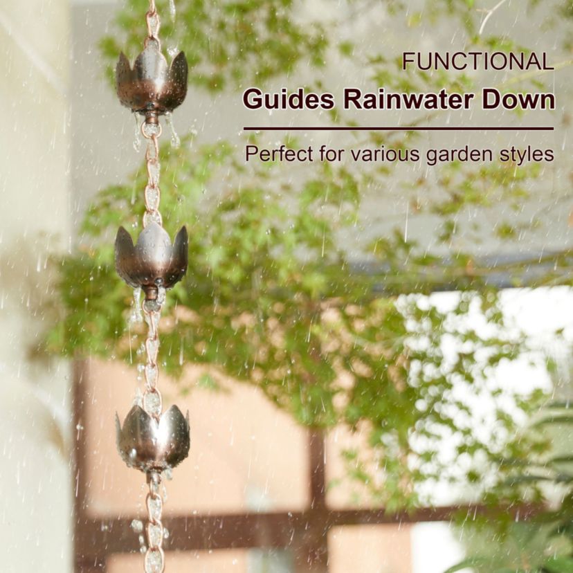 8.5ft Faux Copper Lotus Shaped Rain Chain with V-Shaped Gutter Clip