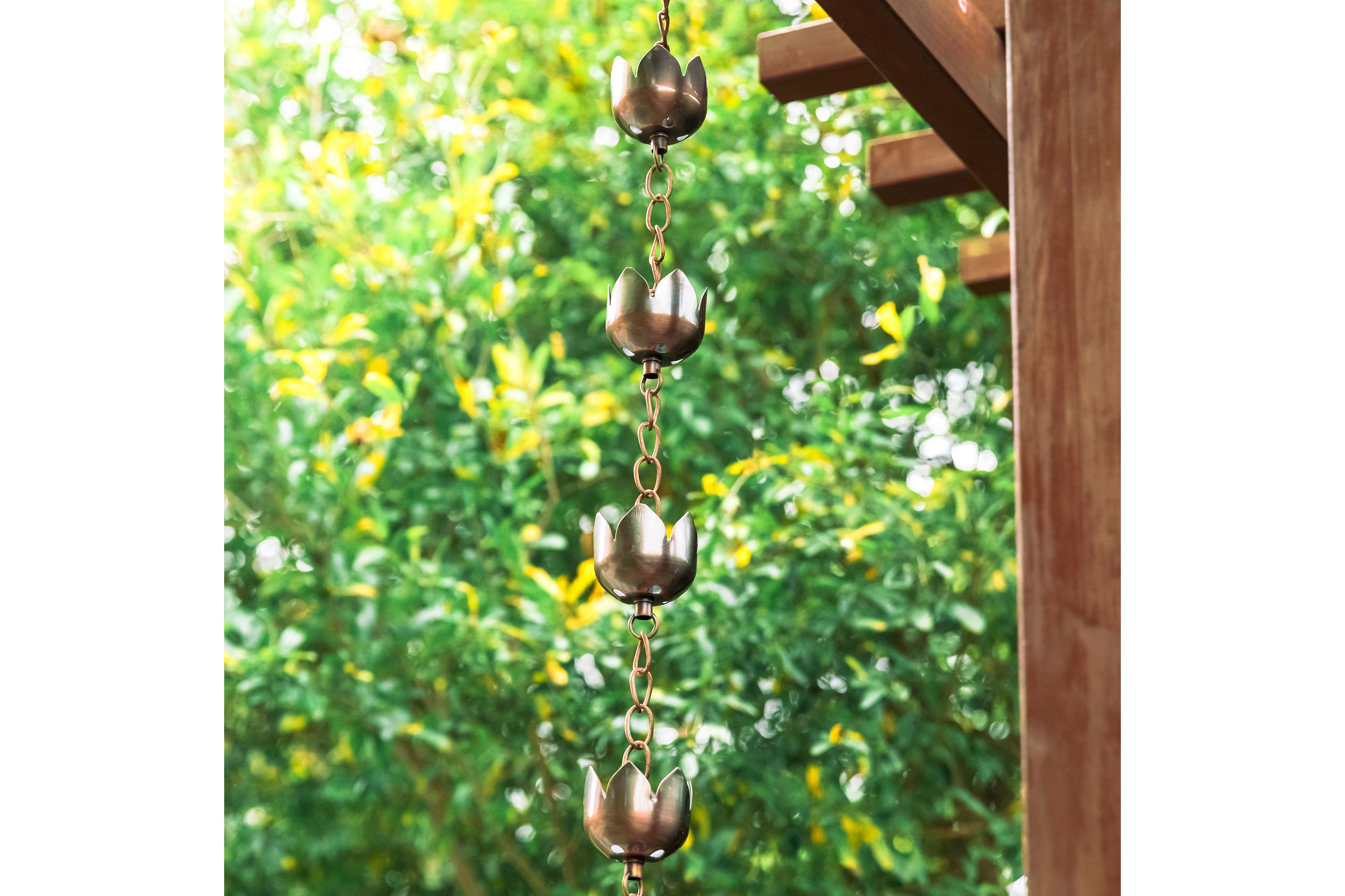 8.5ft Faux Copper Lotus Shaped Rain Chain with V-Shaped Gutter Clip