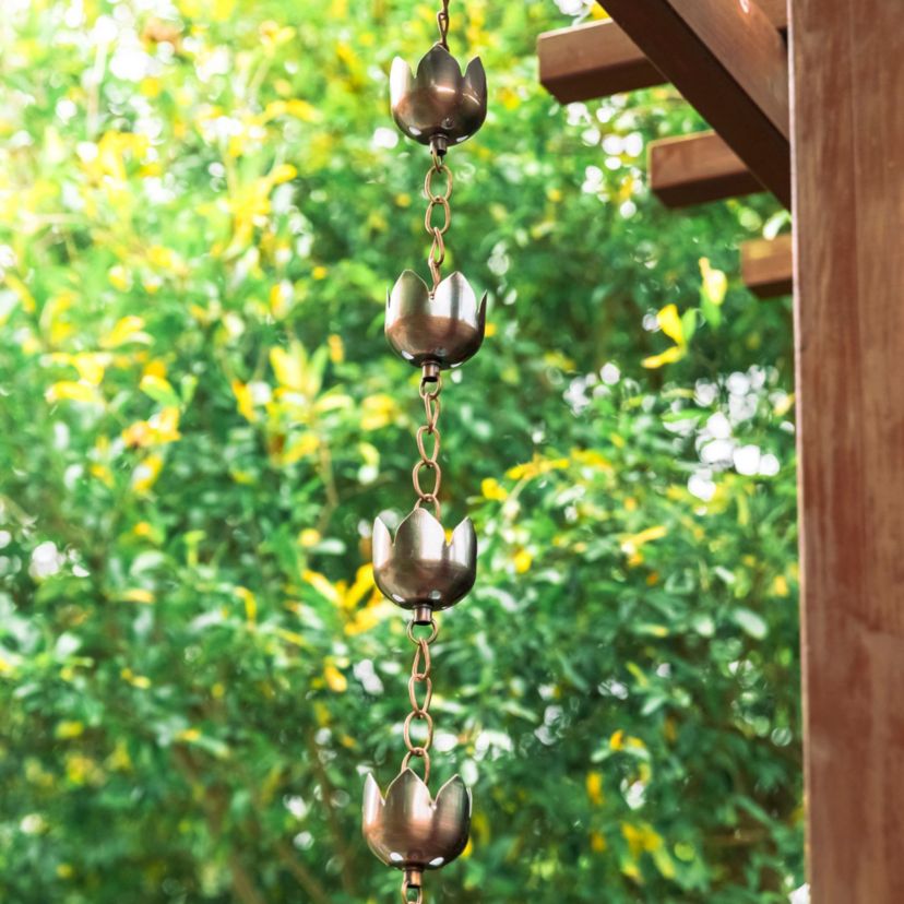 8.5ft Faux Copper Lotus Shaped Rain Chain with V-Shaped Gutter Clip