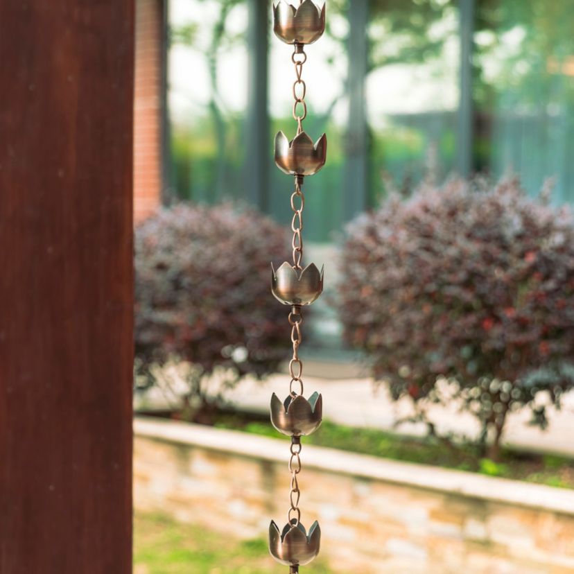 8.5ft Faux Copper Lotus Shaped Rain Chain with V-Shaped Gutter Clip