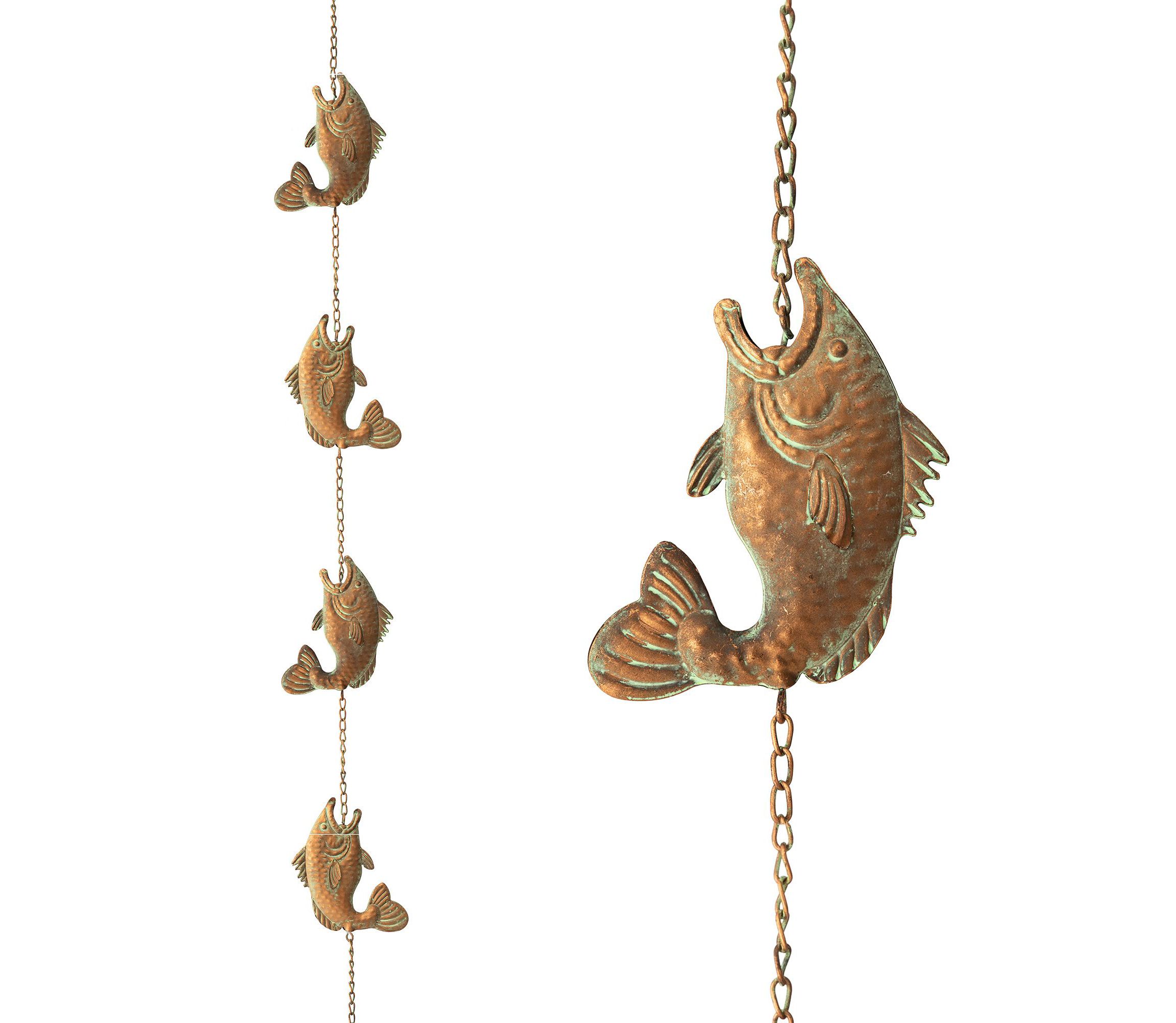 8.5ft Faux Copper Patina Finish Fish Shaped Rain Chain with V-Shaped Gutter Clip
