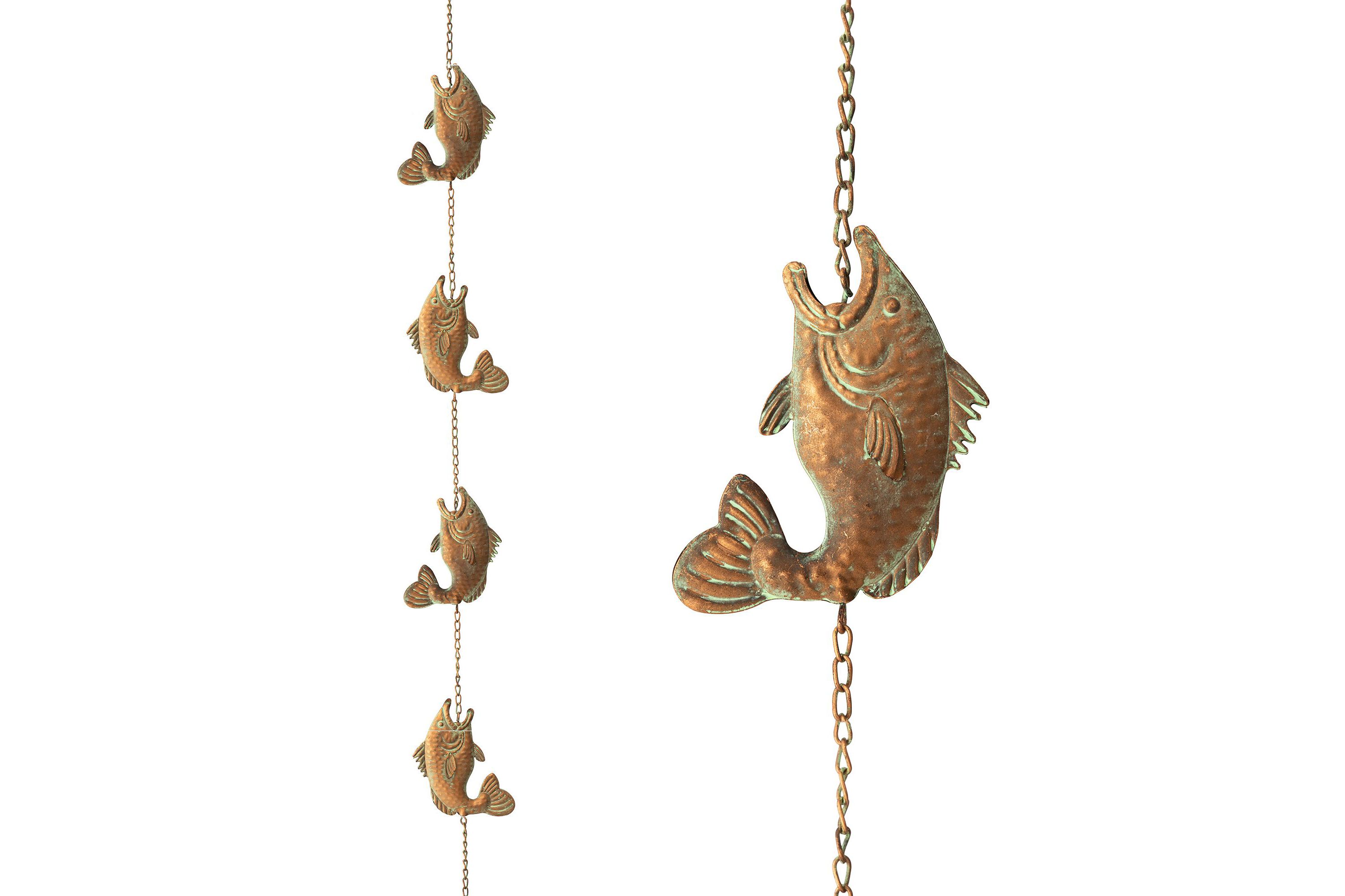 8.5ft Faux Copper Patina Finish Fish Shaped Rain Chain with V-Shaped Gutter Clip