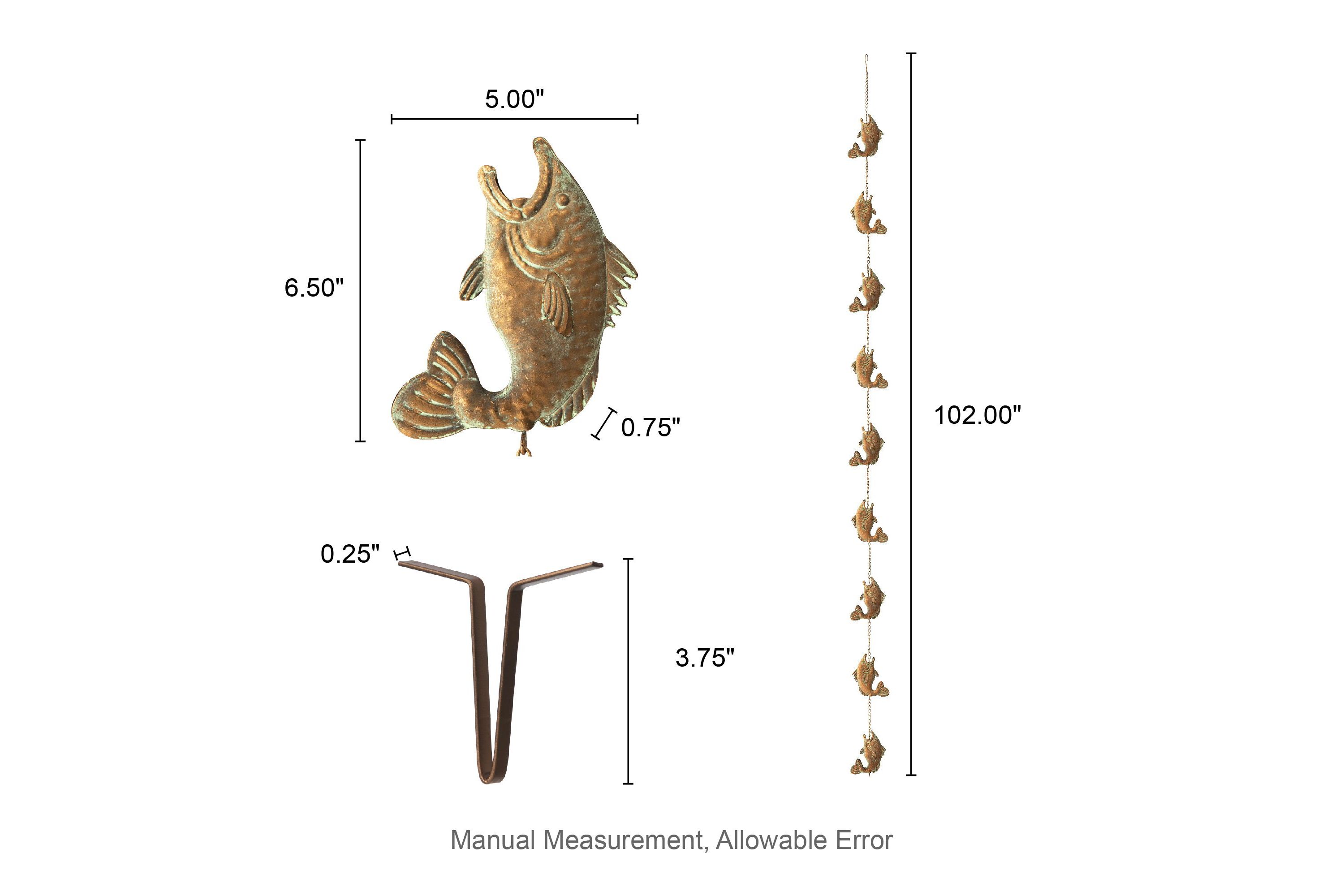 8.5ft Faux Copper Patina Finish Fish Shaped Rain Chain with V-Shaped Gutter Clip