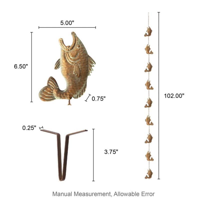 8.5ft Faux Copper Patina Finish Fish Shaped Rain Chain with V-Shaped Gutter Clip