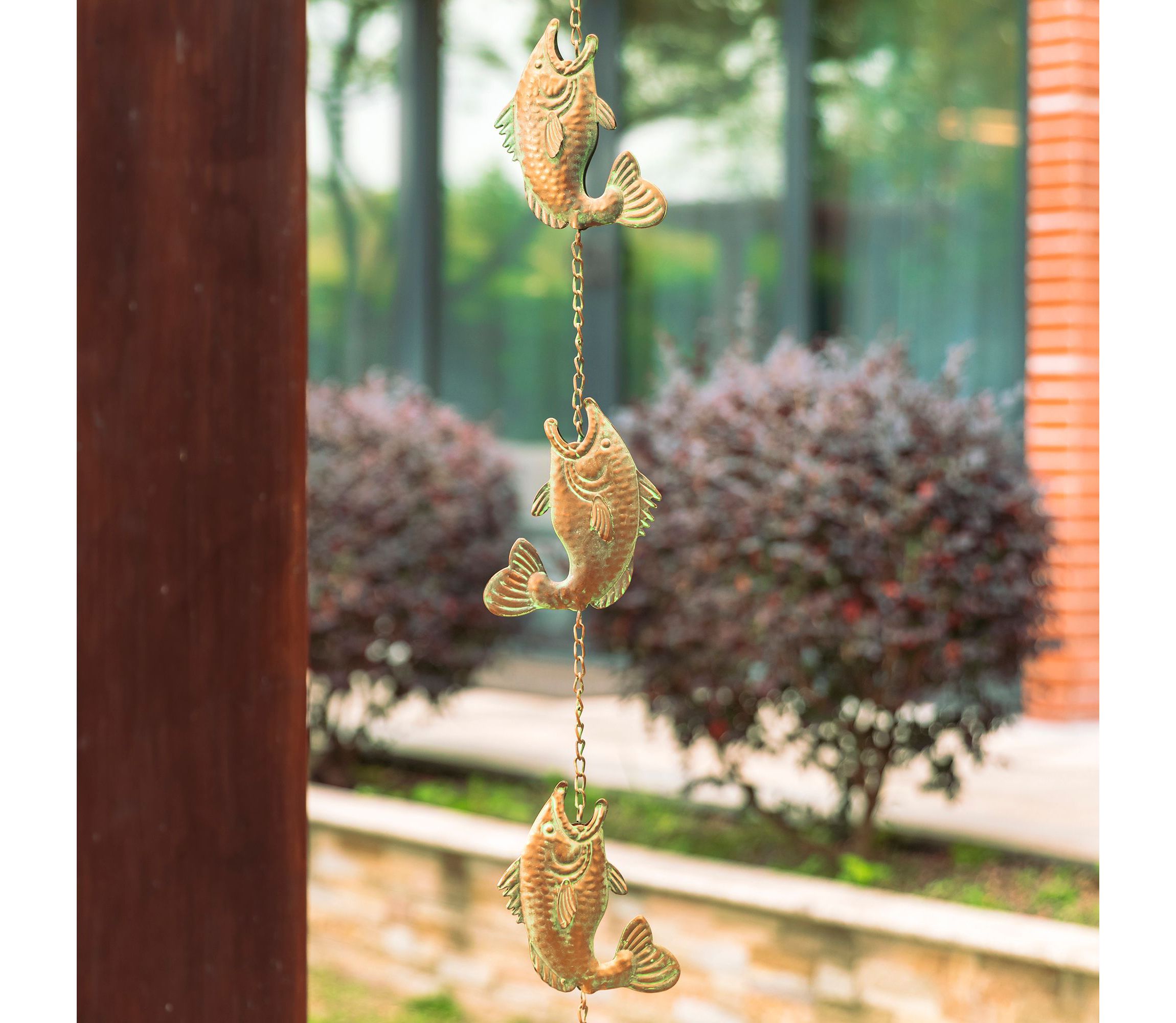 8.5ft Faux Copper Patina Finish Fish Shaped Rain Chain with V-Shaped Gutter Clip