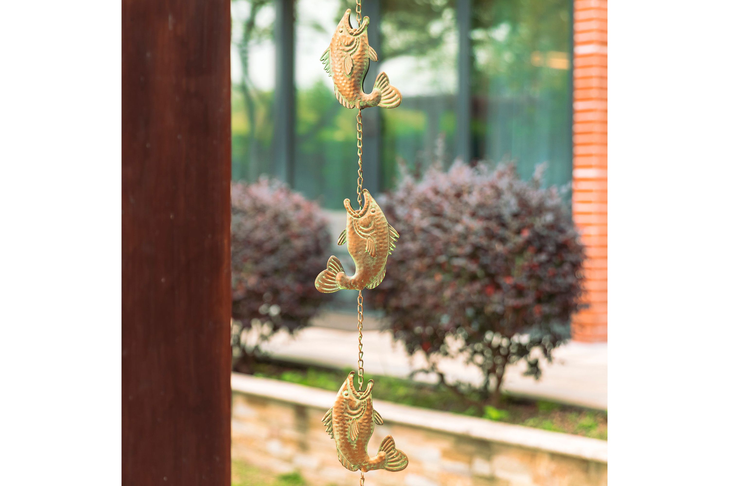 8.5ft Faux Copper Patina Finish Fish Shaped Rain Chain with V-Shaped Gutter Clip