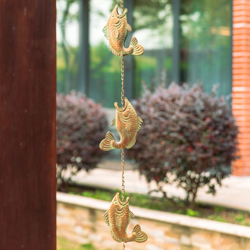8.5ft Faux Copper Patina Finish Fish Shaped Rain Chain with V-Shaped Gutter Clip