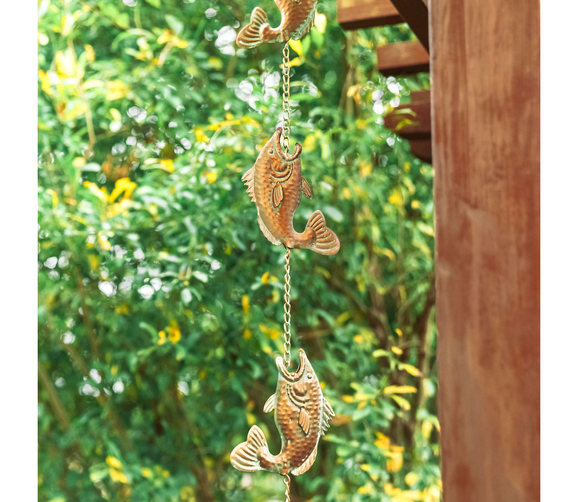 8.5ft Faux Copper Patina Finish Fish Shaped Rain Chain with V-Shaped Gutter Clip