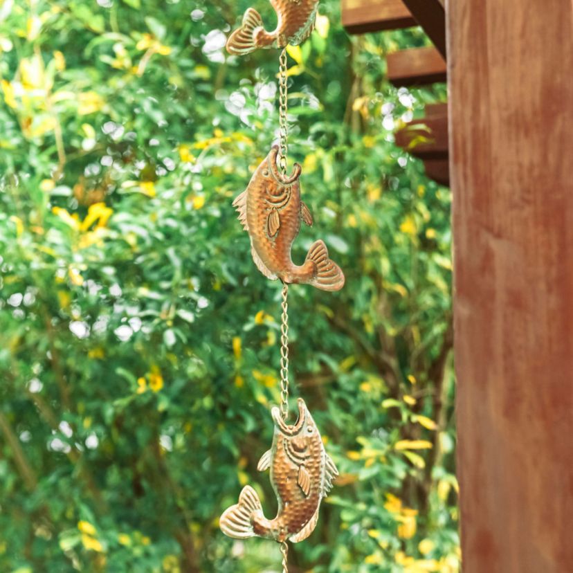 8.5ft Faux Copper Patina Finish Fish Shaped Rain Chain with V-Shaped Gutter Clip