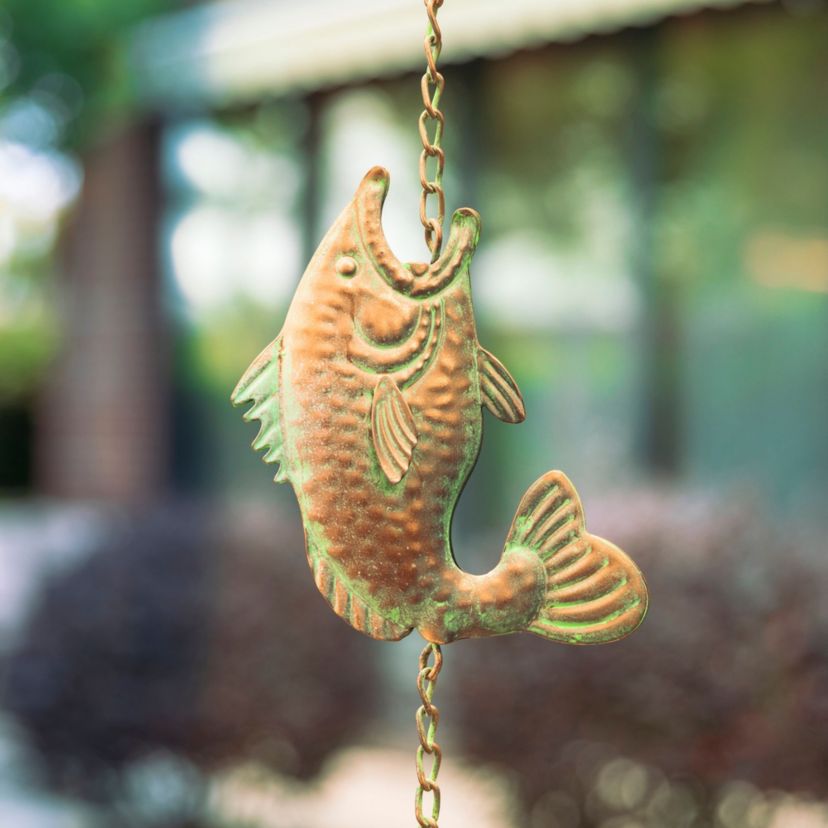 8.5ft Faux Copper Patina Finish Fish Shaped Rain Chain with V-Shaped Gutter Clip