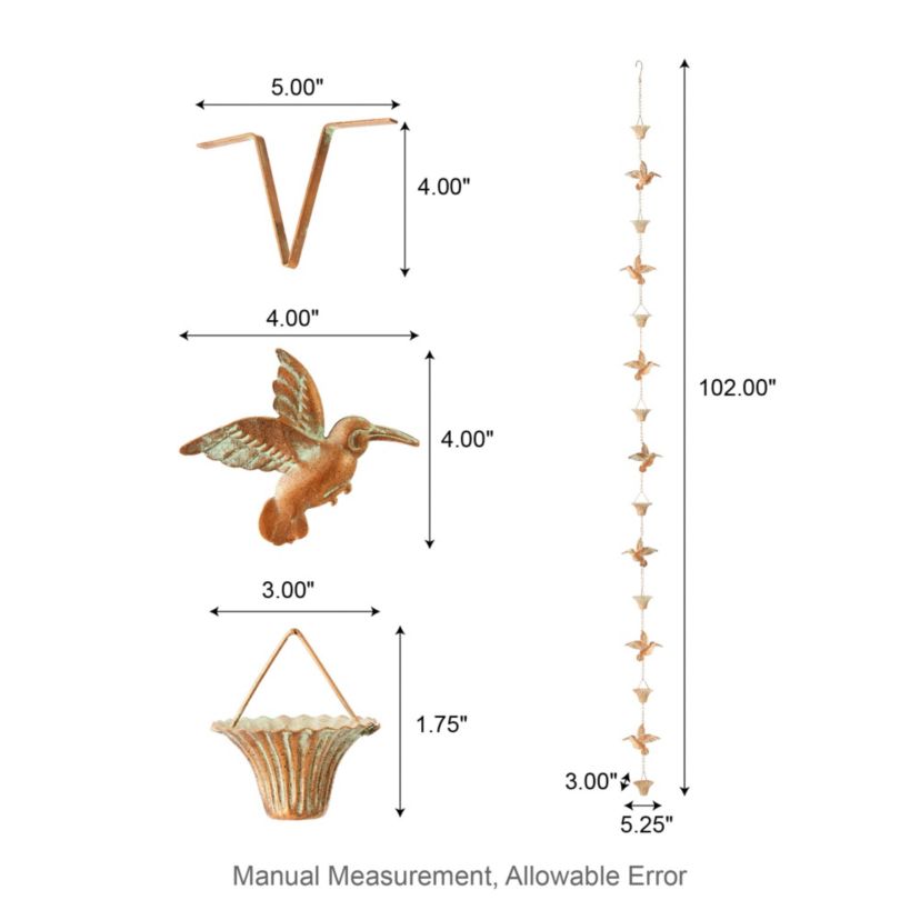 8.5ft 15-Piece Faux Copper Patina Finish Bird and Cup Shaped Rain Chain with V-Shaped Gutter Clip