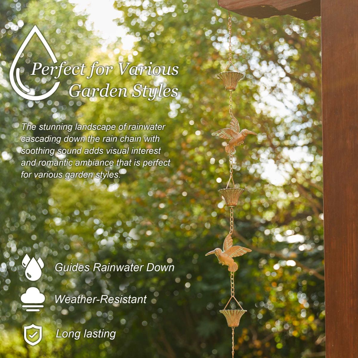 8.5ft 15-Piece Faux Copper Patina Finish Bird and Cup Shaped Rain Chain with V-Shaped Gutter Clip