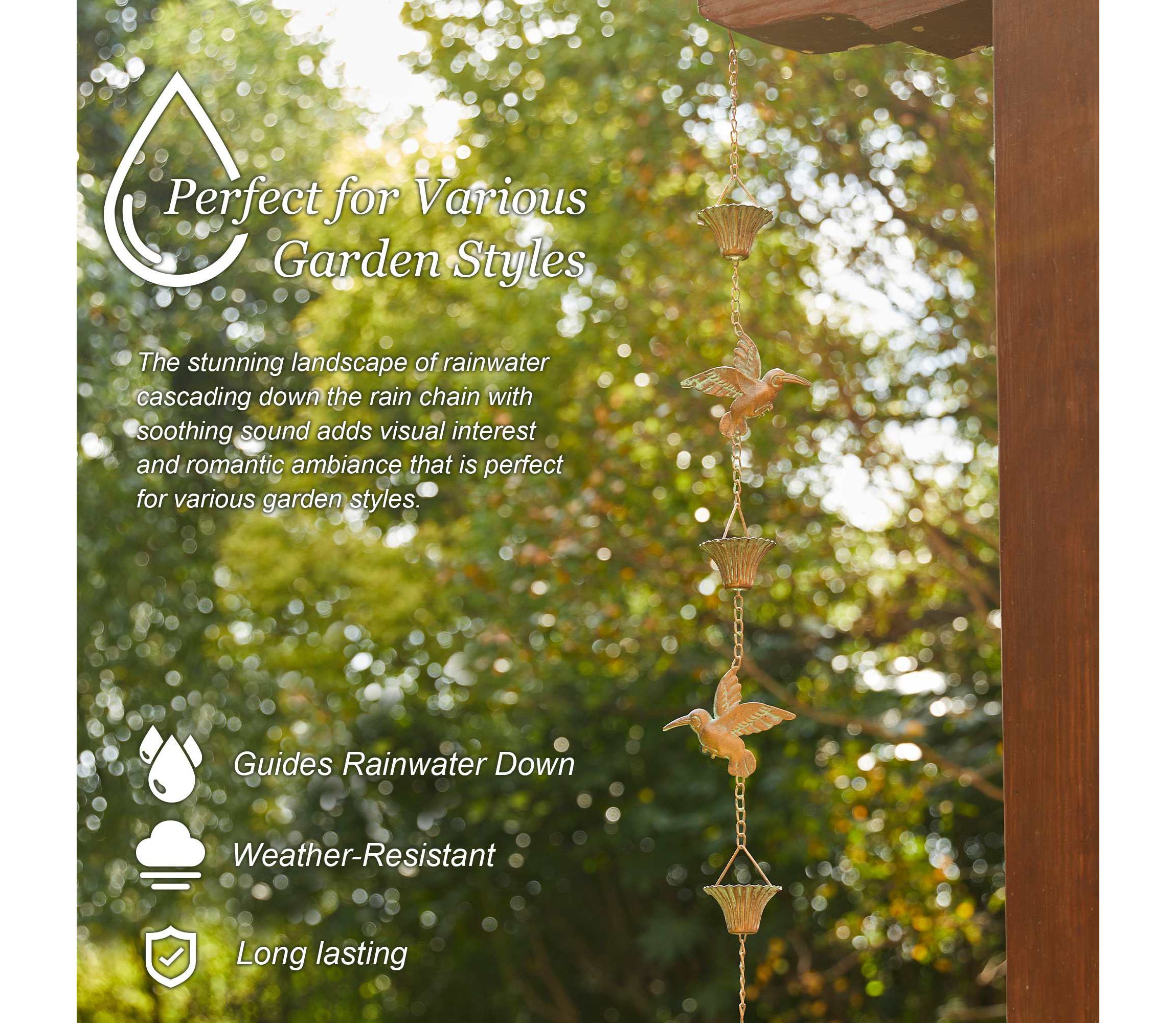 8.5ft 15-Piece Faux Copper Patina Finish Bird and Cup Shaped Rain Chain with V-Shaped Gutter Clip