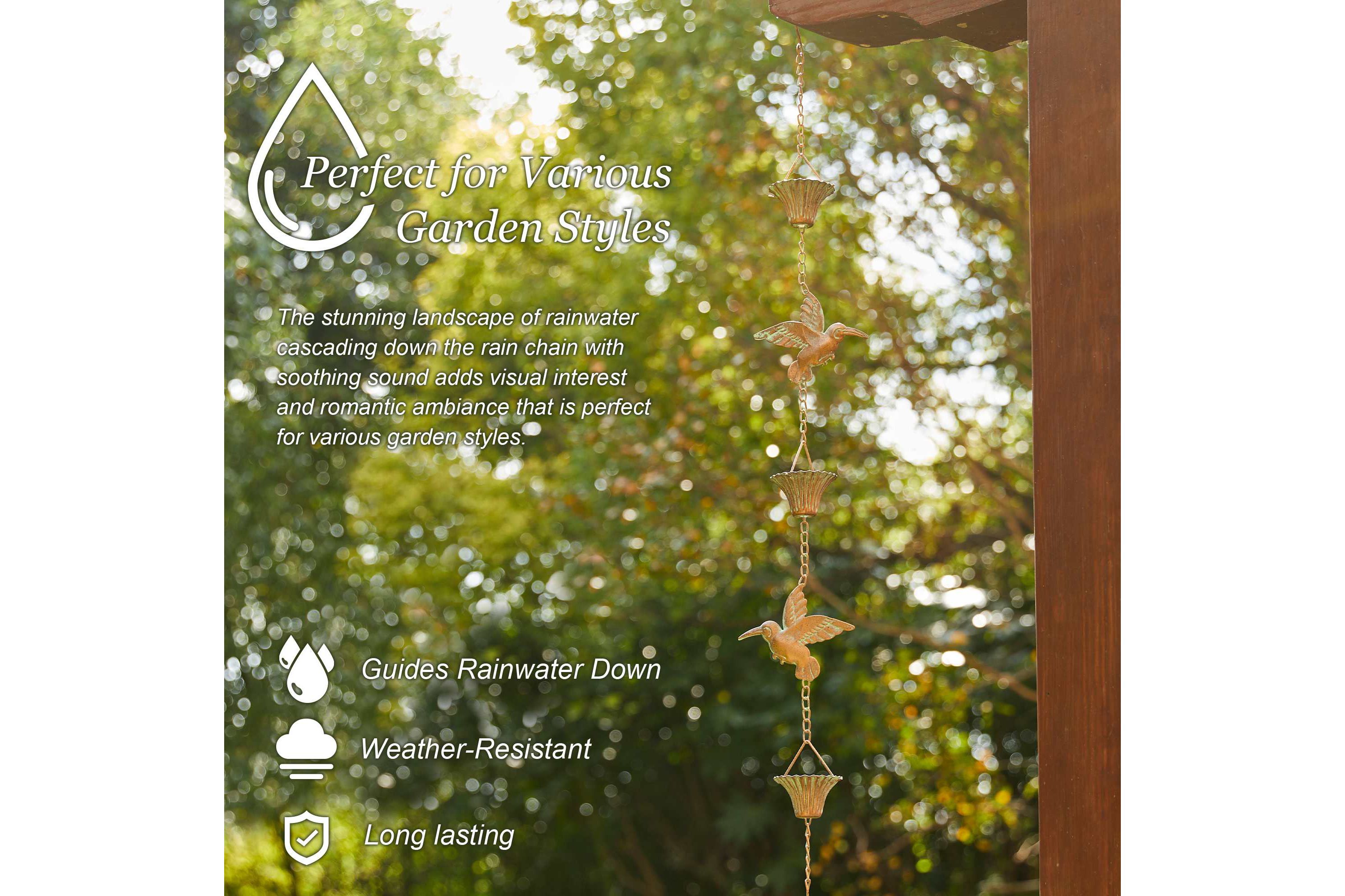 8.5ft 15-Piece Faux Copper Patina Finish Bird and Cup Shaped Rain Chain with V-Shaped Gutter Clip