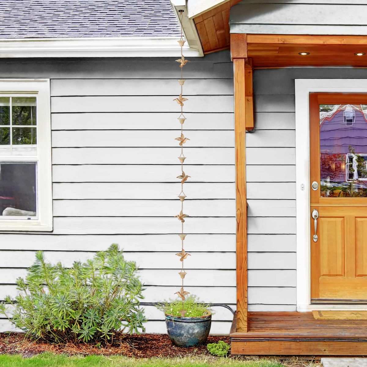 8.5ft 15-Piece Faux Copper Patina Finish Bird and Cup Shaped Rain Chain with V-Shaped Gutter Clip