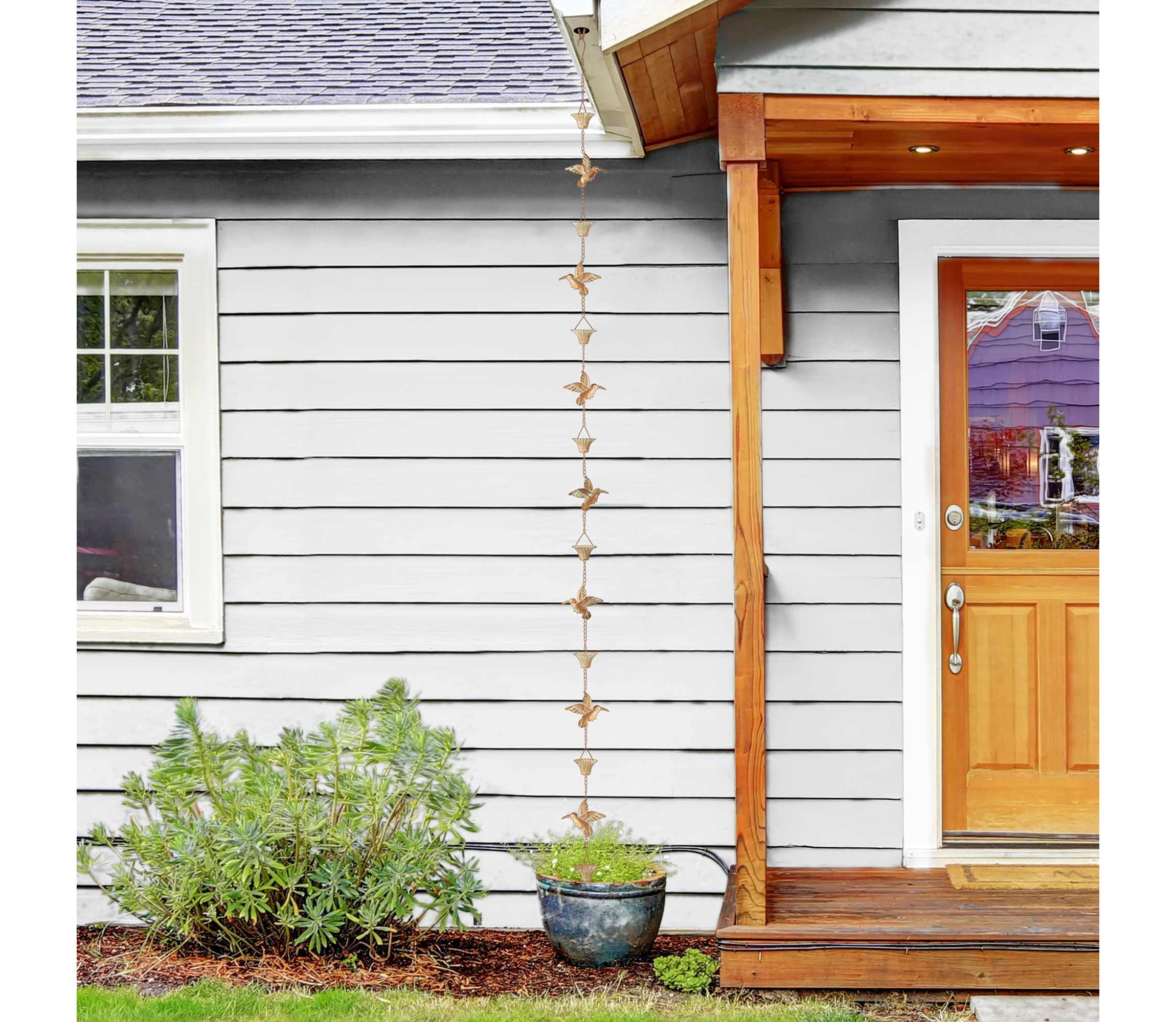 8.5ft 15-Piece Faux Copper Patina Finish Bird and Cup Shaped Rain Chain with V-Shaped Gutter Clip