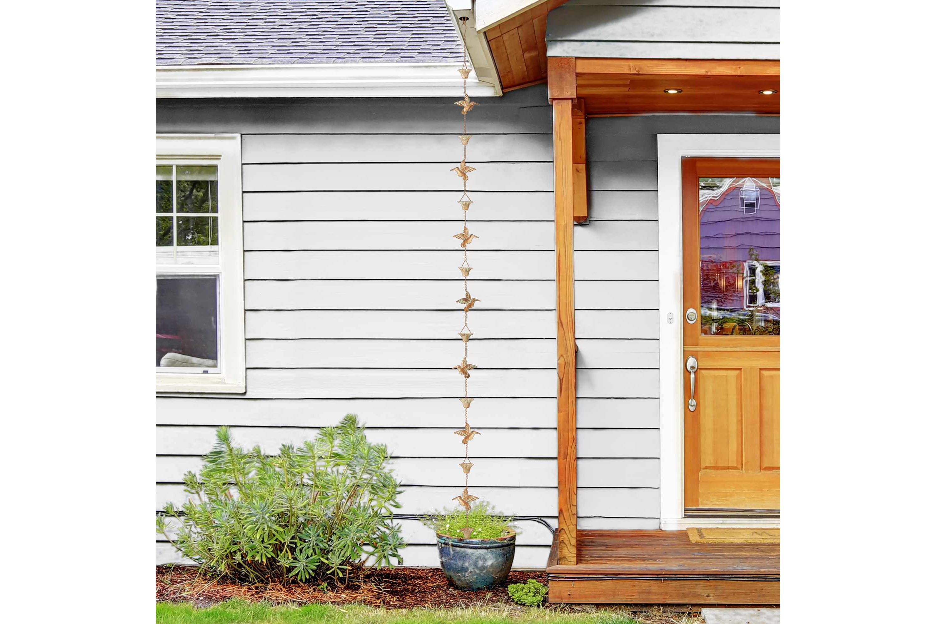 8.5ft 15-Piece Faux Copper Patina Finish Bird and Cup Shaped Rain Chain with V-Shaped Gutter Clip