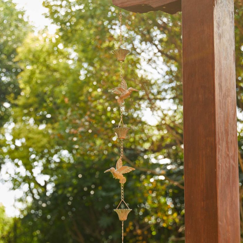 8.5ft 15-Piece Faux Copper Patina Finish Bird and Cup Shaped Rain Chain with V-Shaped Gutter Clip