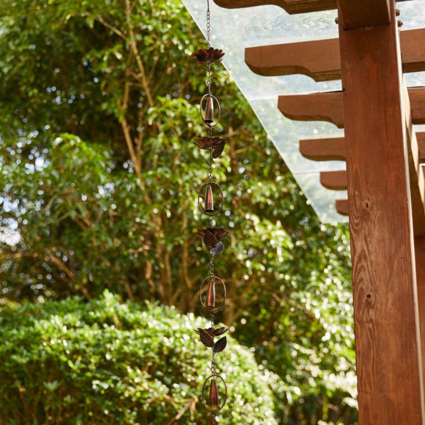 8.5ft 20-Piece Faux Copper Lotus Flower and Bell Shaped Rain Chain with V-Shaped Gutter Clip