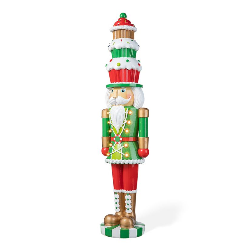 28H Lighted Resin Christmas Nutcracker with Cupcake Hat Porch Decor  with Timer
