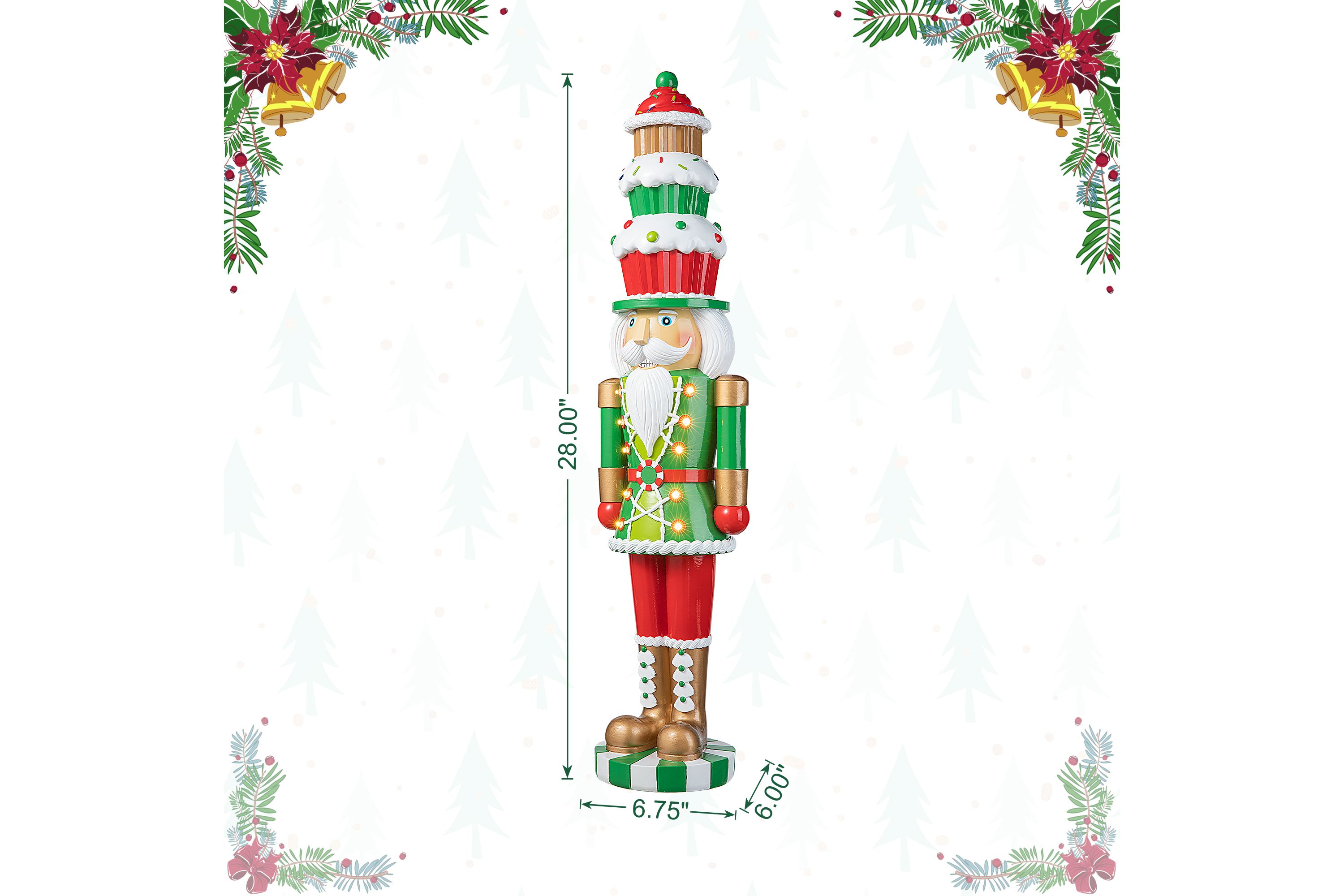 28H Lighted Resin Christmas Nutcracker with Cupcake Hat Porch Decor  with Timer