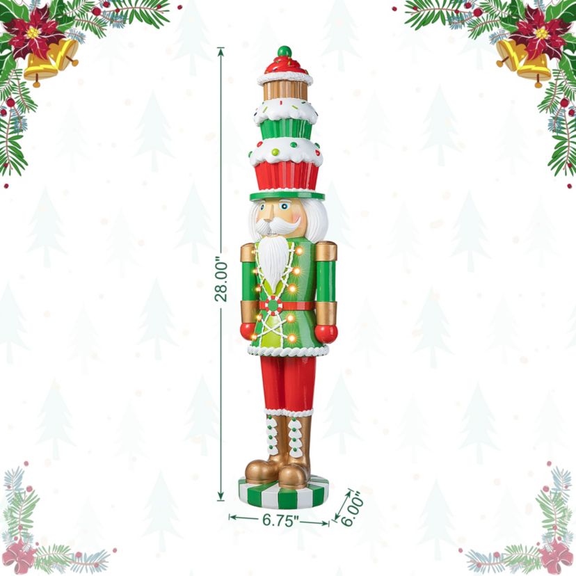 28H Lighted Resin Christmas Nutcracker with Cupcake Hat Porch Decor  with Timer