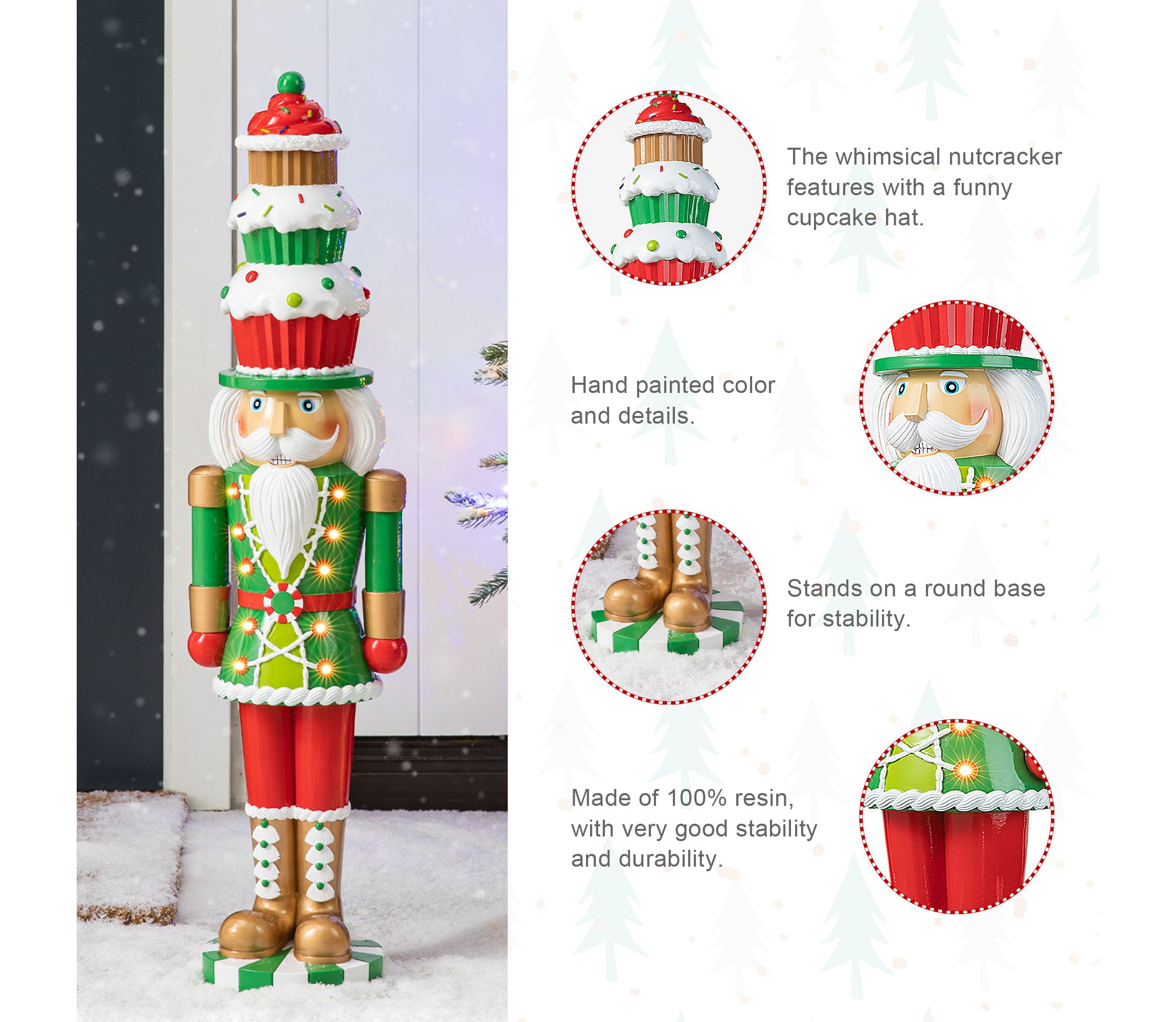 28H Lighted Resin Christmas Nutcracker with Cupcake Hat Porch Decor  with Timer