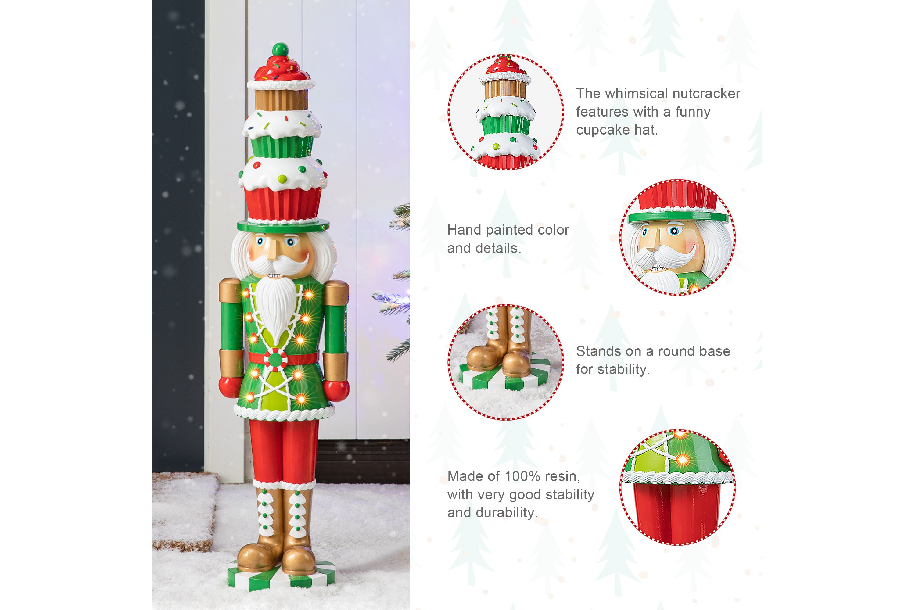 28H Lighted Resin Christmas Nutcracker with Cupcake Hat Porch Decor  with Timer