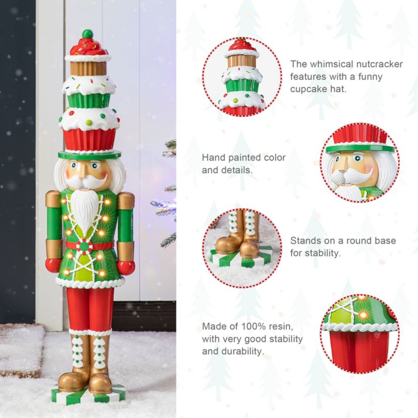 28H Lighted Resin Christmas Nutcracker with Cupcake Hat Porch Decor  with Timer