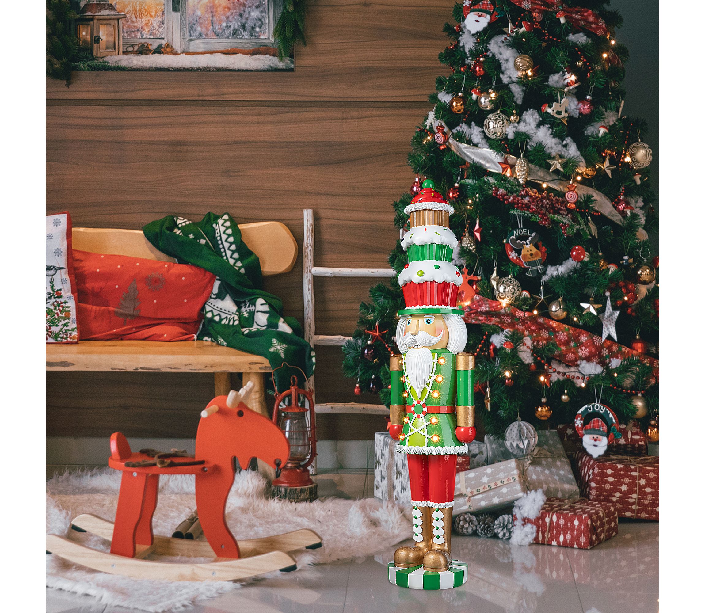 28H Lighted Resin Christmas Nutcracker with Cupcake Hat Porch Decor  with Timer