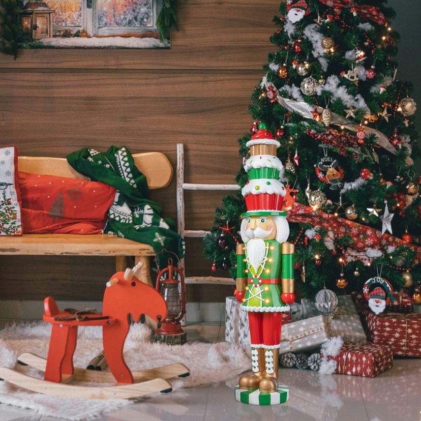 28H Lighted Resin Christmas Nutcracker with Cupcake Hat Porch Decor  with Timer