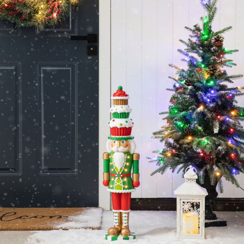 28H Lighted Resin Christmas Nutcracker with Cupcake Hat Porch Decor  with Timer