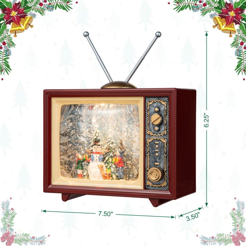 7.5"L Lighted TV with  Snowman Waterglobe