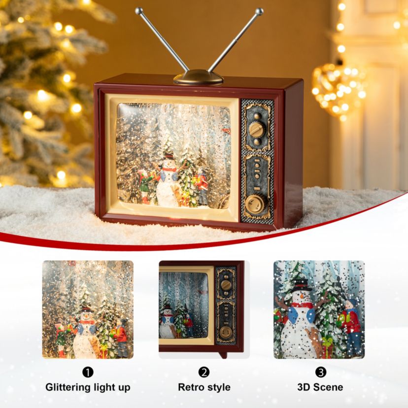 7.5"L Lighted TV with  Snowman Waterglobe